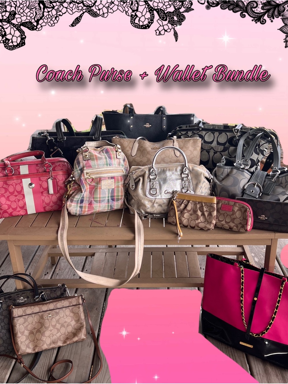 Coach Bundle Mixed Signature and Leather Bag in Pink, Tan, Black, Silver